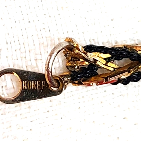 Vintage Goldtone and Black Metal Braided Herringbone Chain Necklace Korea - Picture 7 of 10